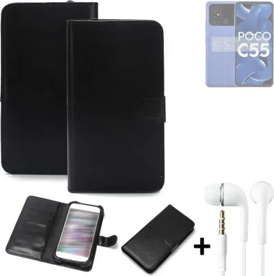 Produktbild von K-S-Trade Wallet Case Handyhülle kompatibel mit POCO C55 Schutzhülle Flip cover Flipstyle Tasche Hülle Flipcover Slim Bumper schwarz + in ear