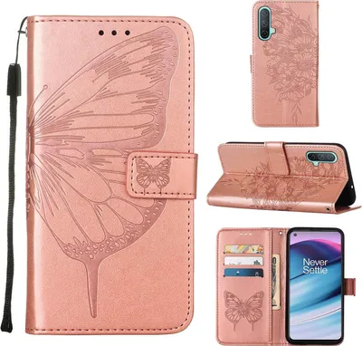 Produktbild von OnePlus Nord CE 5G Hülle, Schmetterling Prägung Flip Leder Kartenfächer Schutzhülle Ledertasche mit Ständer für OnePlus Nord CE 5G Roségold