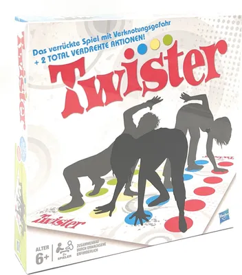 The image shows the box of the Twister board game, featuring silhouettes of people playing the game.