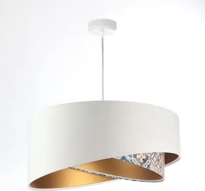 Produktbild von Hängelampe Stoff E27 Ø 50 cm H: max. 102 cm in Weiß Beige (Vintage Print) Gold rund Modern Pendelleuchte