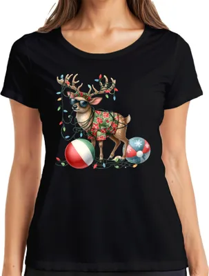Immagine prodotto di Divertente camicia hawaiana con renna, occhiali da sole, maglietta da donna Beachball, nero, M