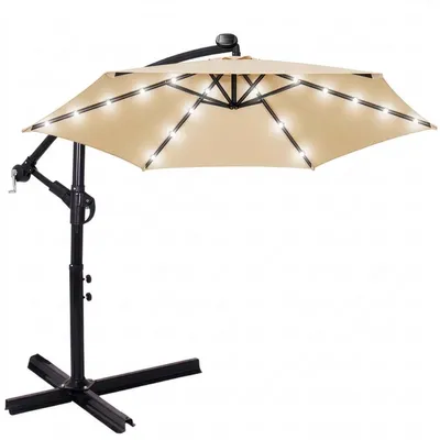 Produktbild von Springos® Ampelschirm 300 cm mit LED Solarbeleuchtung Kurbel Gartenschirm XXL groß ecru + Schutzhülle