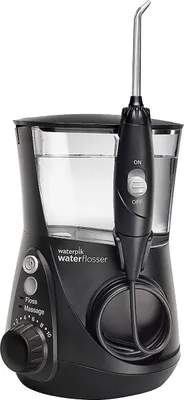 A black Waterpik water flosser is shown against a white background.