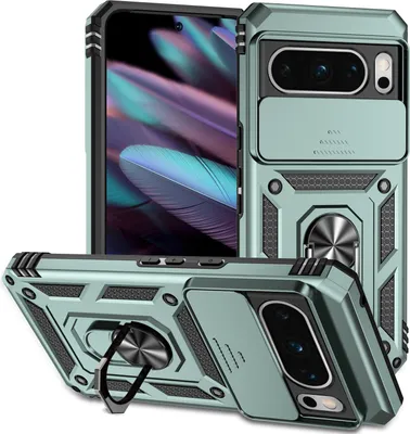 Image de Étui pour Google Pixel 8 Pro étui double couche avec couvercle coulissant pour appareil photo et support annulaire vert
