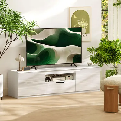 Produktbild von TV-Lowboard Hochglanz Weiß, Fernsehschrank, MDF Spanplatte, 3 Fächer, Schublade | 160 x 38 x 43 cm | bis 65 Zoll | Tragfähigkeit 90 kg