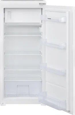 An open, empty white refrigerator with shelves and a drawer.