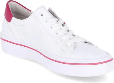 A white sneaker with pink accents.