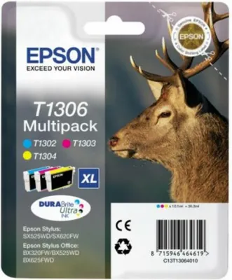 Zdjęcie produktu dla Epson Stag Atrament T1306 Jeleń DURABrite Ultra, opakowanie zbiorcze Multipack, trzy kolory, Cyjan, Purpurowy, Żółty, Tusz na bazie pigmentu, 10,1 ml, 1 szt., Multipak