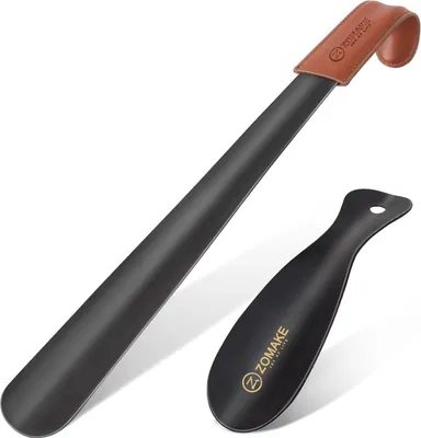 Zdjęcie produktu dla ZOMAKE łyżka do butów metalowa zestaw 42cm czarna łyżka do butów ze stali nierdzewnej skórzany pasek buty