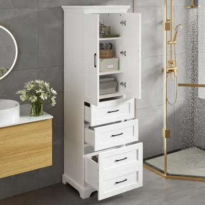 Produktbild von okwish Badezimmerschrank Badmöbel mit 3 Schubladen und 3 Ablagefächern, Einzelschrank Unterschrank Highboard mit höhenverstellbarem Einlegeboden,weiß