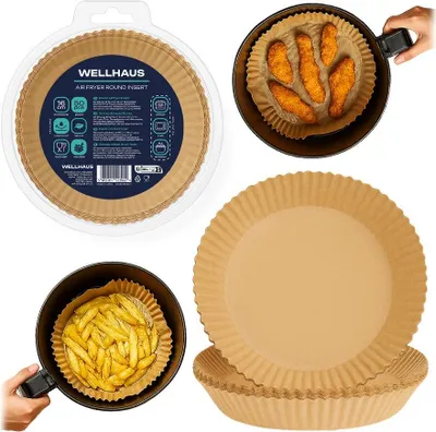 Obrázek produktu pro WELLHAUS Papír na pečení pro horkovzdušnou fritézu, 50 kusů, průměr 16 cm, papír na pečení pro horkovzdušnou fritézu, nepřilnavé jednorázové misky, pergamenový papír pro horkovzdušnou fritézu