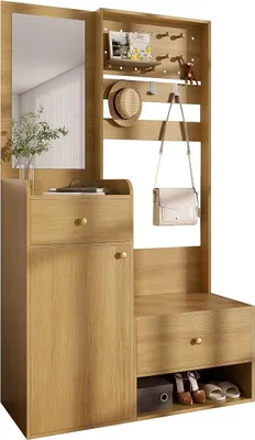 Productafbeelding van Garderobeset: Wandgarderobe met spiegel en haken, geschikt voor hal of woonkamer, afmetingen 105x38x180 cm. Garderobeset: Garderobekast met lades en schoenenbank (houtkleur)
