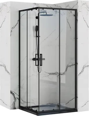 A modern black framed shower cabin with a marble-effect wall.