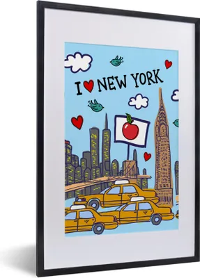 Produktbild von MuchoWow® MuchoWow® Gerahmtes Poster New York - Zeichnung - Taxi 40x60 cm - Poster mit zchwarzem Bilderrahmen - Poster in Rahmen