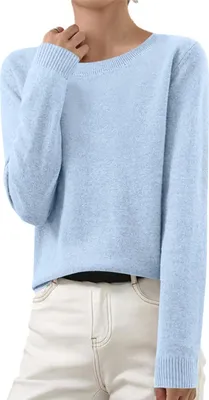 Image de ASKSA Pull en tricot femme Elégant Pull en tricot uni Duenne Pull d'hiver en tricot fin Stretch Chaud Pull en laine Basic Pull col rond,Bleu ciel,L