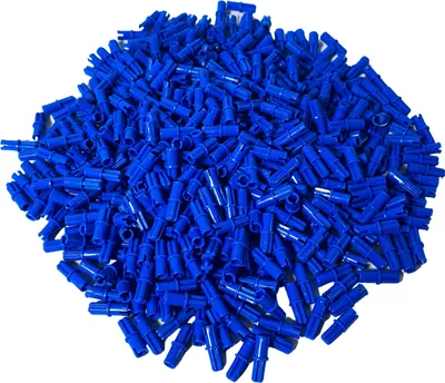 A pile of blue LEGO Technic pins on a white background.