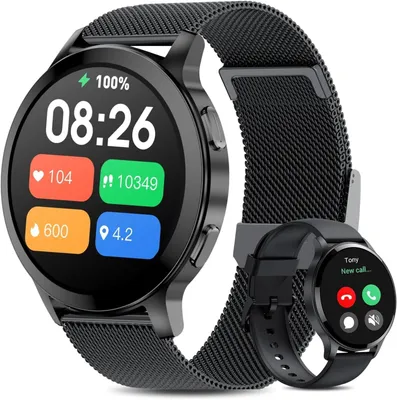 Produktbild von Herren Damen mit Telefonfunktion, 1.5" Fitnessuhr Armbanduhren Sportuhr mit Pulsmesser, Musiksteuerung, Schrittzähler, Wasserdicht Fitness Tracker