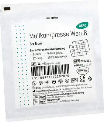 Produktbild von Mullkompresse Wero8, 5 x 5 cm, steril, 2 Stk