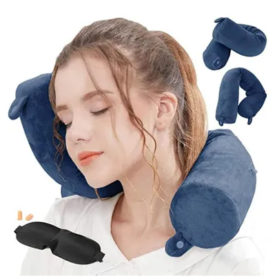 Immagine prodotto di Cuscino da viaggio in memory foam, cuscino per il collo, cuscino di supporto, colore blu navy, con mascherina per gli occhi e tappi per le orecchie