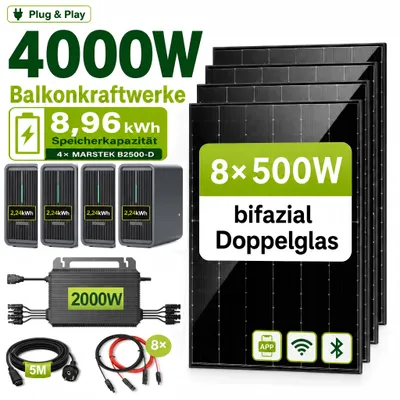Produktbild von 4000 Watt Balkonkraftwerk mit Speicher Marstek B2500-D 8,96 kWh, 8x500Wp bifaziale Solarmodule Solarpanel, PV Solaranlage Solarspeicher