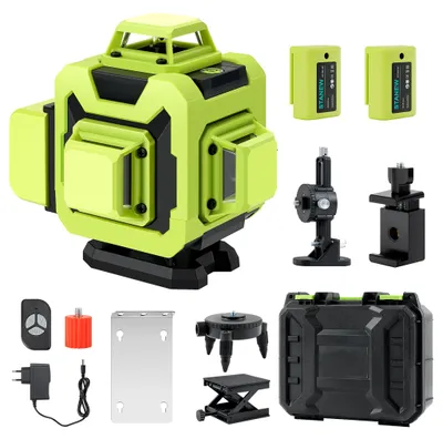 4D 360° grüne Laserwasserwaage, 16 Linien, 2 Akkus, Stativ