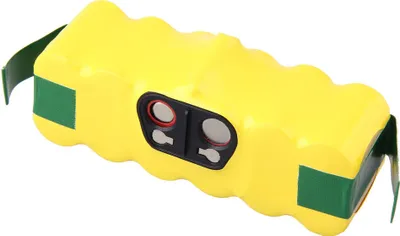 A yellow battery pack with green tape and black connectors.