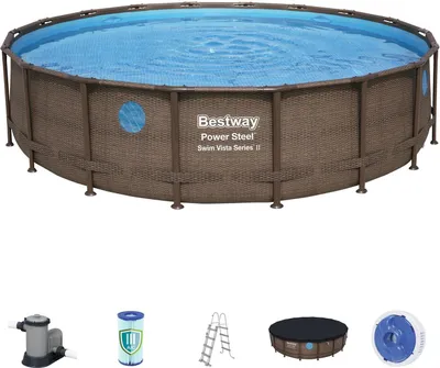 Produktbild von Bestway Power Steel™ Frame Pool Komplett-Set, rund, 549x122cm, 56977, Rattanoptik, integrierte Fenster Bullaugen