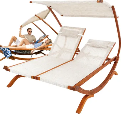 Produktbild von di volio Sonnenliege mit Dach Pionza - beige, Doppelliege mit verstellbarer Rückenlehne, Gartenliege aus Holz für 2 Personen - wetterfest & bequem