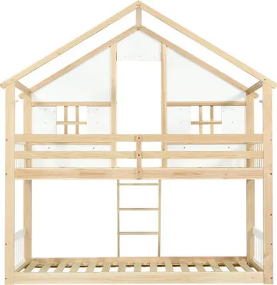 Produktbild von Etagenbett 90x200cm Kinderbett Mit Fenster Dach Stabile Lattenroste Seitliche Sicherheitsgelaender Kiefer MDF Sperrholz Weiss Natur Ohne Matratze