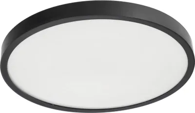 A close-up, studio shot of a round, black-rimmed LED ceiling light against a white background.