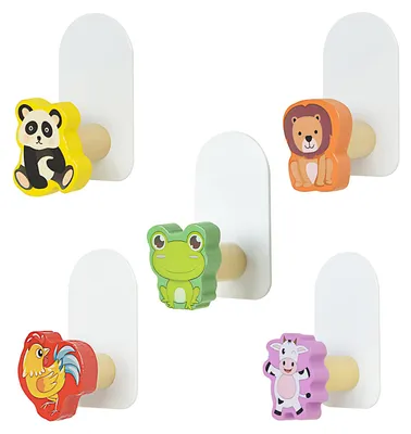 Produktbild von Selbstklebende Haken für Kinder, 5er-Pack selbstklebende Haken in Tierform, Garderobenhaken für Kinder, selbstklebende Handtuchhaken, kein Bohren erforderlich, Wandhaken aus Holz für Kinderzimmer