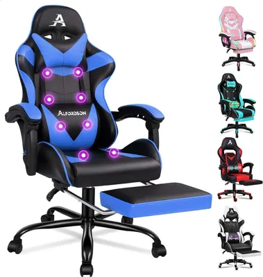 Zdjęcie produktu dla Fotel gamingowy LED z masażem, oświetleniem RGB i podparciem lędźwiowym