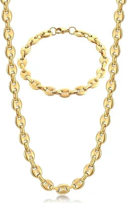Produktbild von Goldene Kaffeebohne 6mm Herren Halskette und Armband Set 61CM Hip Hop Plattenkette