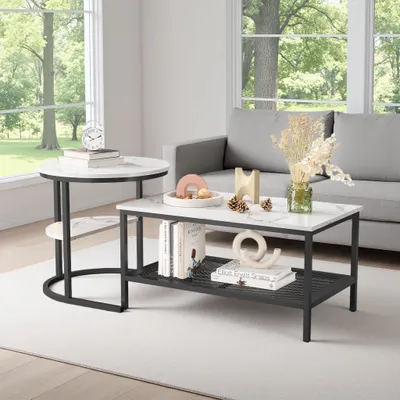 Image de INONEFT, ensemble de 2 tables basses, une ronde et une rectangulaire, avec espace de rangement double. Tables d'appoint pour salon ou chambre, couleur noire
