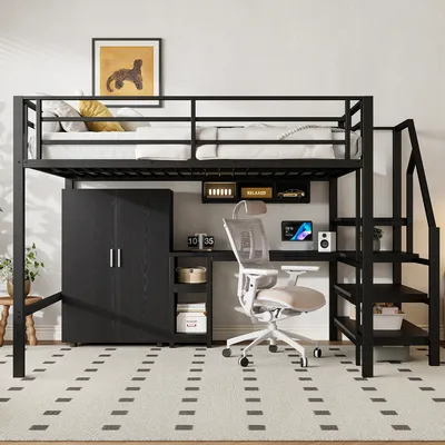 Produktbild von Flieks Etagenbett 140x200cm mit Kleiderschrank, Hochbett Metallbett mit Schreibtisch, Kinderbett Jugendbett Doppelbett mit Regal, Stockbett Schwarz