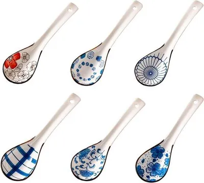 Produktbild von Japanische Löffel - 6 Stücke - Suppenlöffel - Japanischer Suppenlöffel Set - Langer Griff - Keramische Suppenlöffel Geeignet für Suppe - Maultaschen - Wurst - Torte - Haferflocken