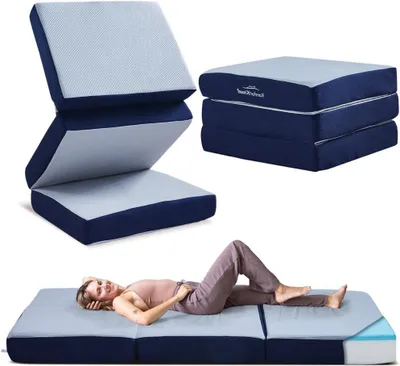 Produktbild von Faltbare Matratze aus Memory-Schaum - Komfortable Schlafmatte - Extra dicke Polsterung - 75 x 195 cm - Blau-Grau