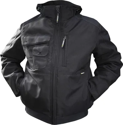 A black winter jacket displayed on a white background.