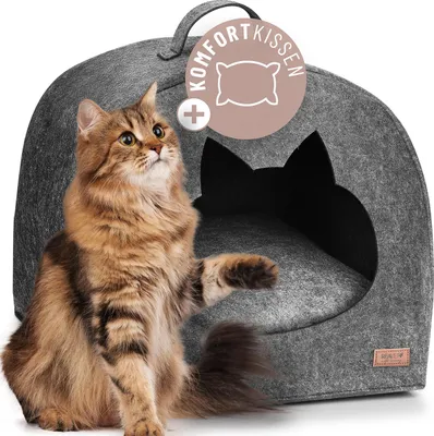 Produktbild von REAVET Schnurr-Oase Katzenhaus aus Filz – Katzenhöhle mit Katzenkopf-Eingang und Komfortkissen, Rückzugsort für Katzen, modernes Katzenbett ca. 37x37x35cm, gemütlich & pflegeleicht