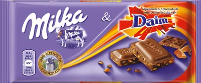 Produktbild von Milka & Daim Alpenmilch-Schokolade mit Mandel-Karamell-Stückchen 100g 5er Pack