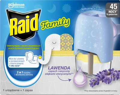 Zdjęcie produktu dla Raid FAMILY od 1 roku urządz elektryczne + zapas 45 nocy płyn LAWENDA 27ml
