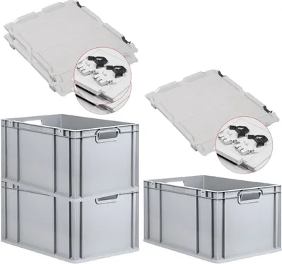 Produktbild von SuperSparSet 3x Eurobox NextGen Economy mit Scharnierdeckel und schwarzen Schiebeschnappverschlüssen | Griffe offen | HxBxT 32x40x60cm | 65 Liter | Eurobehälter, Transportbox, Transportbehälter, Stapelbehälter