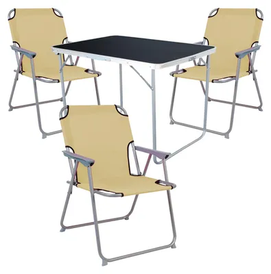 Image de set de camping 4 pièces Table de camping + 3 chaises de camping Chaise pliante Beige