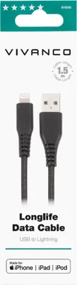 Produktbild von ViVanco™LongLife, 1,5 m, Lightning, USB A, Männlich, Männlich, Schwarz