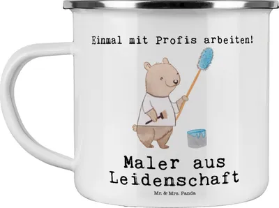 Produktbild von Mr. & Mrs. Panda Pott Maler Leidenschaft - Weiß - Geschenk, Malerbetrieb, Witzig, Gesellenprüfung, Emaille Tasse, becher, Spruch, Haferl, Lustig, Teetasse, Malermeister