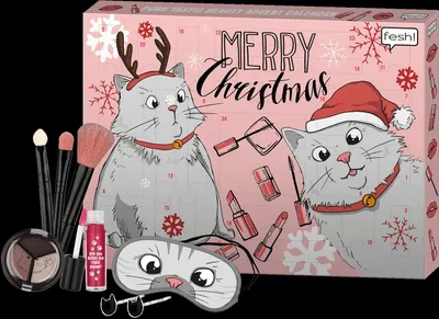 A pink advent calendar box with cartoon cats and Christmas decorations, surrounded by makeup items.