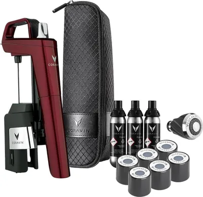 A wine preservation system and accessories are displayed on a white background.