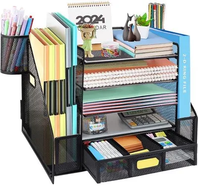 Zdjęcie produktu dla Siatkowy organizer biurowy z przegródką na dokumenty, 5-komorowy organizer na dokumenty z przegródką na czasopisma, organizer biurowy i schowek na artykuły biurowe, do domu lub