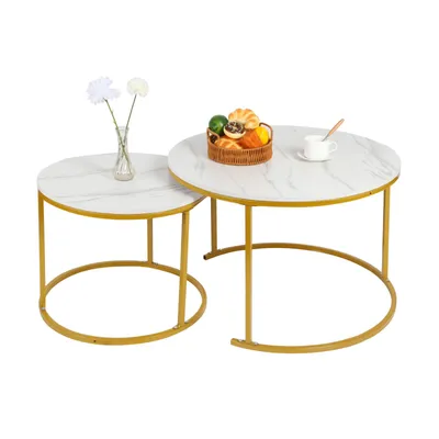 Produktbild von 2er Set Couchtisch Kaffeetisch Satztisch Beistelltisch Ø70 x 45 cm+ Ø50 x 38cm Weiß Gold