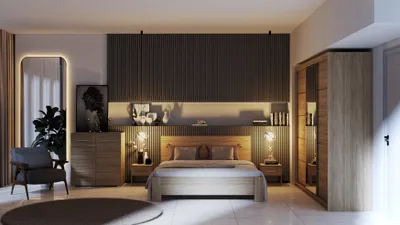 A bedroom set including a bed, wardrobe, nightstands, and a dresser, illuminated by soft lighting.